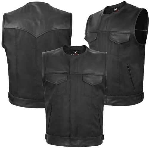 Collarless Cordura Fabric   Biker Waistcoat Black Real Leather Trim - XL
