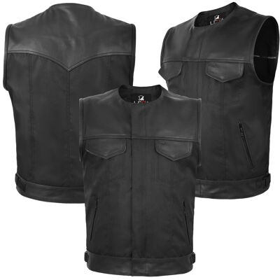 Gilet biker in tessuto cordura senza colletto con finiture in vera pelle nera - L