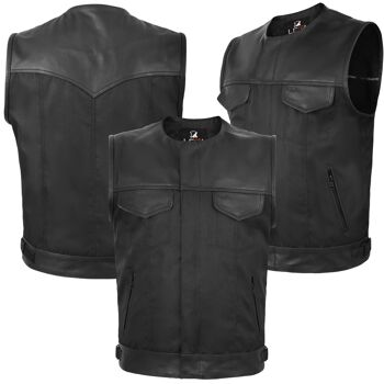 Gilet de motard en tissu Cordura sans col avec garniture en cuir véritable noir - 3XL 1