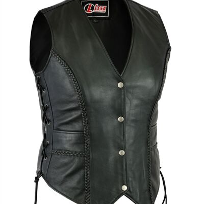 Ladies Real Leather Laced Up Motorcycle Biker Waistcoat Womens Gillette Vest - S