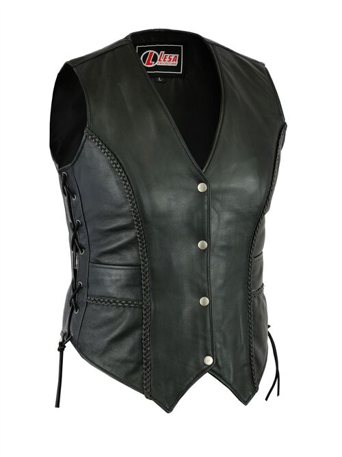 Ladies Real Leather Laced Up Motorcycle Biker Waistcoat Womens Gillette Vest - M