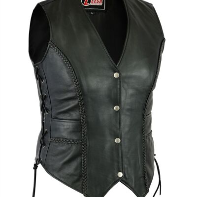 Ladies Real Leather Laced Up Motorcycle Biker Waistcoat Womens Gillette Vest - XL