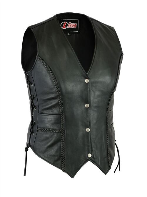 Ladies Real Leather Laced Up Motorcycle Biker Waistcoat Womens Gillette Vest - 2XL