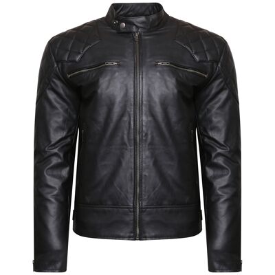 Veste de motard en cuir véritable pour homme en cuir de vachette noir Vintage Retro Cafe Racer - XS