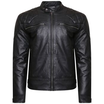 Veste de motard en cuir véritable pour homme en cuir de vachette noir Vintage Retro Cafe Racer - XS 1