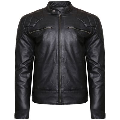 Veste de motard en cuir véritable pour homme en cuir de vachette noir Vintage Retro Cafe Racer - XXL