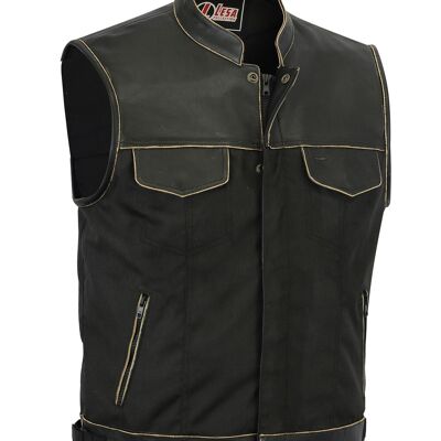 Mens Codura Biker Waistcoat Vest Brown Vintage Real Leather Trim - 3XL - Black