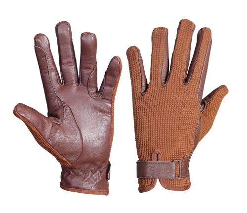 Light Brown Leather Palm Horse Riding and Driving Gloves with brown fabric - M - BROWN