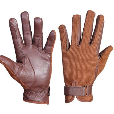 Light Brown Leather Palm Horse Riding and Driving Gloves with brown fabric - M - BROWN
