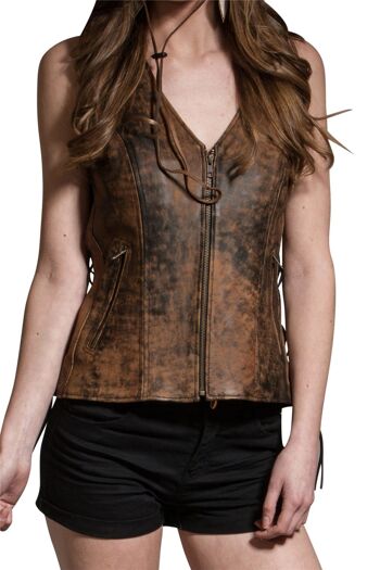 Gilet zippé en cuir véritable à double poche en dentelle marron vintage pour femme - S 1