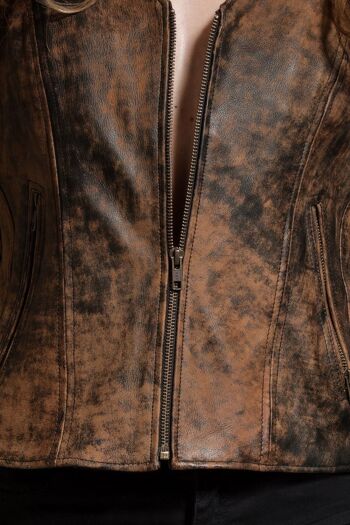 Gilet zippé en cuir véritable à double poche en dentelle marron vintage pour femmes - L 2