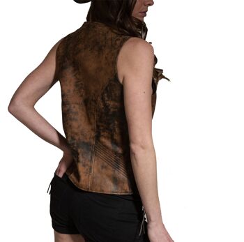 Gilet zippé en cuir véritable à double poche en dentelle marron vintage pour femmes - XL 3