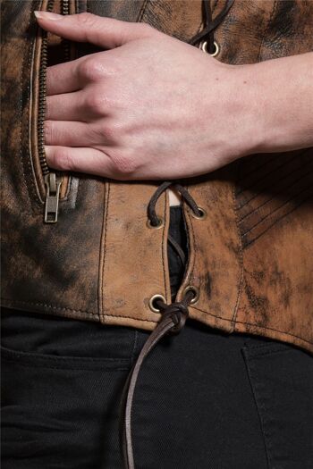 Gilet zippé en cuir véritable à double poche en dentelle marron vintage pour femmes - 3XL 5