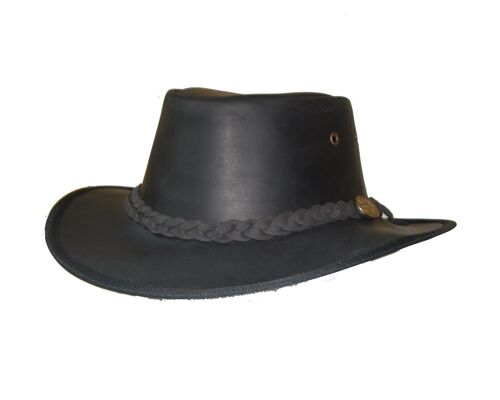 Australian Style Leather Cowboy Black Bush Hat Cowboy Western With Chin Strap - S