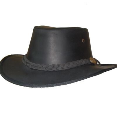Australian Style Leather Cowboy Black Bush Hat Cowboy Western With Chin Strap - L