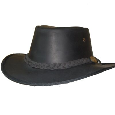 Australian Style Leather Cowboy Black Bush Hat Cowboy Western With Chin Strap - 2XL