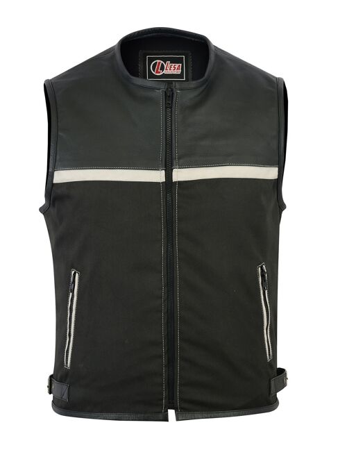 Mens Motorcycle Leather Codura Textile Motorbike Vest Black Light Beige - 4XL