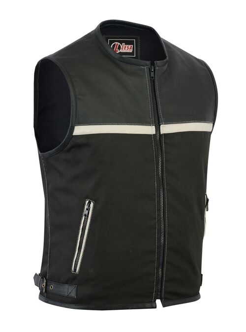 Mens Motorcycle Leather Codura Textile Motorbike Vest Black Light Beige - 5XL