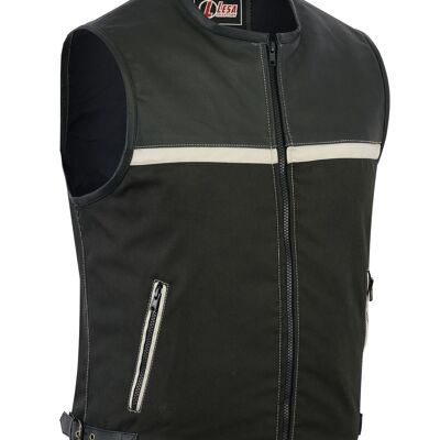 Mens Motorcycle Leather Codura Textile Motorbike Vest Black Light Beige - 5XL