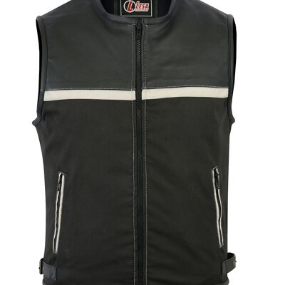 Mens Motorcycle Leather Codura Textile Motorbike Vest Black Light Beige - 8XL