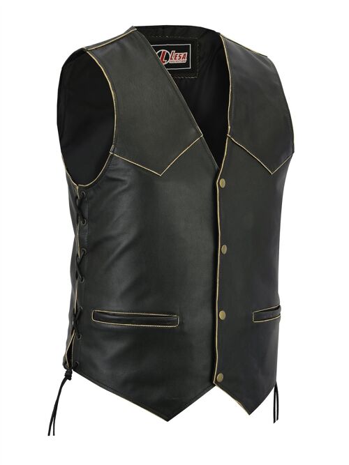 New Mens Leather Motorcycle Biker Vest Antique Side Laces Classic Style - L