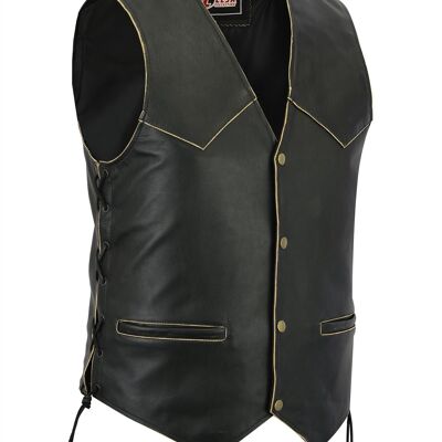 New Mens Leather Motorcycle Biker Vest Antique Side Laces Classic Style - 3XL
