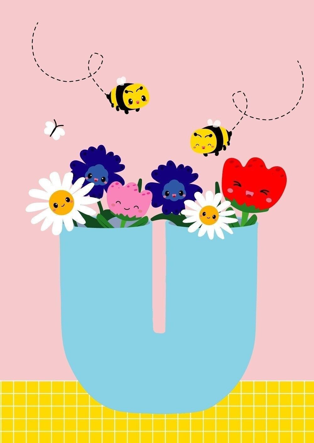 Vase carte postale avec fleurs et abeilles