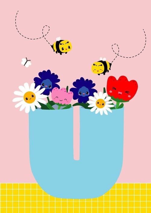 Postcard vase with flowers and bees