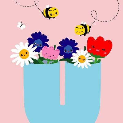 Postcard vase with flowers and bees