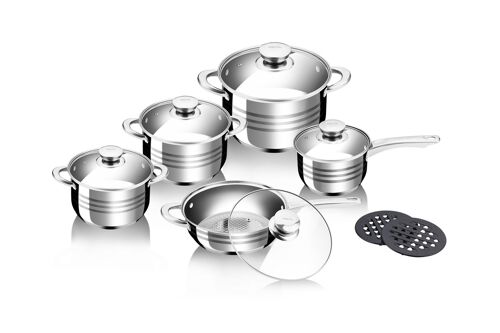 12-PIECE STAINLESS STEEL PAN SET WITH COASTERS