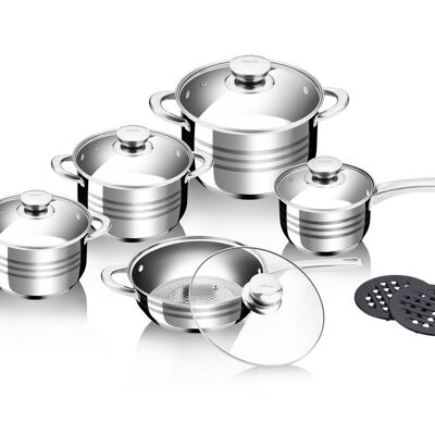 12-PIECE STAINLESS STEEL PAN SET WITH COASTERS
