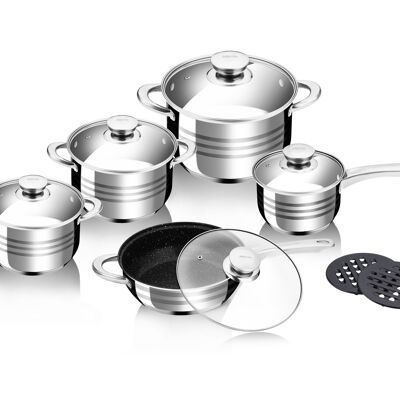 12-PIECE STAINLESS STEEL PAN SET WITH MARBLE FRYING PAN