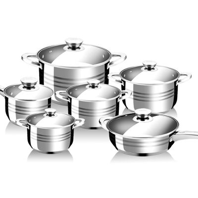 12-PIECE STAINLESS STEEL PAN SET WITH GLASS LIDS