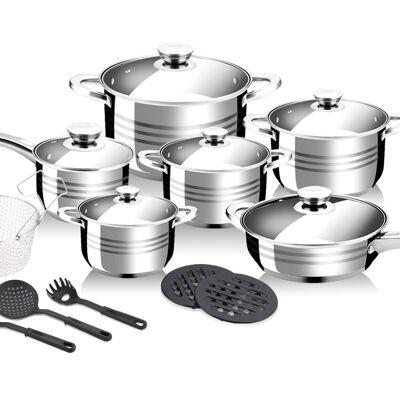 18-PIECE STAINLESS STEEL PAN SET WITH COASTERS AND KITCHEN EQUIPMENT