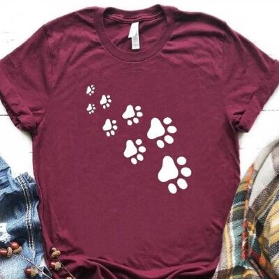 Camiseta Casual Estampado Patas Perro Gato - Burdeos