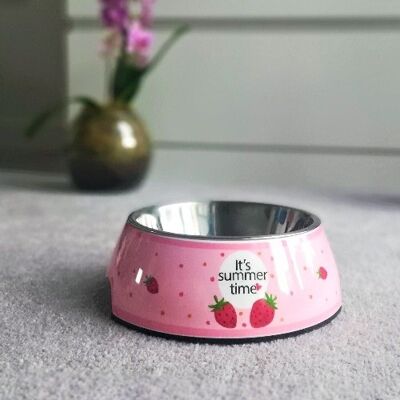 Colorful Cartoon Double-Deck Feeding and Drinking Dog Bowl - Pink Strawberry