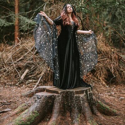 Robe noire en velours de sorcière robe médiévale étoiles célestes__