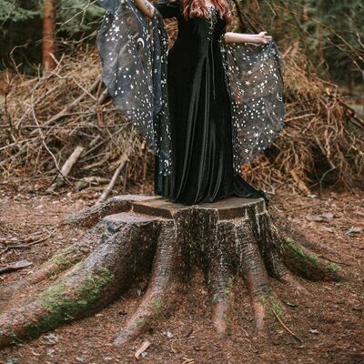 Robe noire en velours de sorcière robe médiévale étoiles célestes__