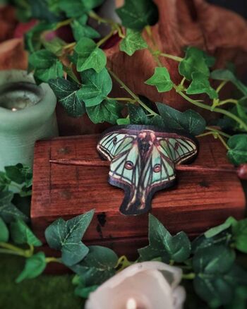 Moth Spanish Luna Barrette à cheveux en cuir végétalien Automne fantaisiste accessoire tête pièce woodland cottagecore 3