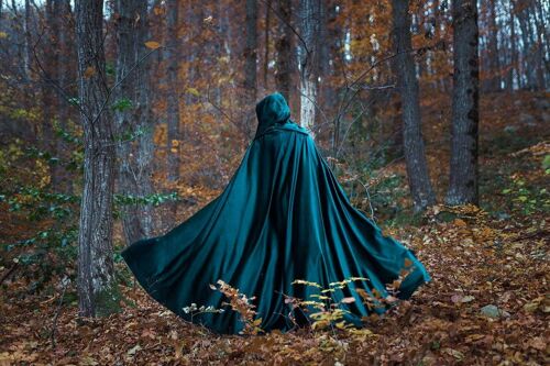 Velvet cape green hooded cloak, medieval elven fantasy costume cape with hood