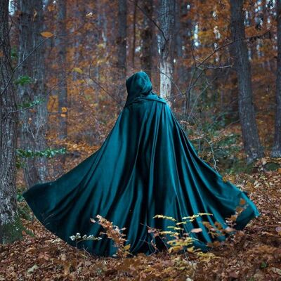 Velvet cape green hooded cloak, medieval elven fantasy costume cape with hood