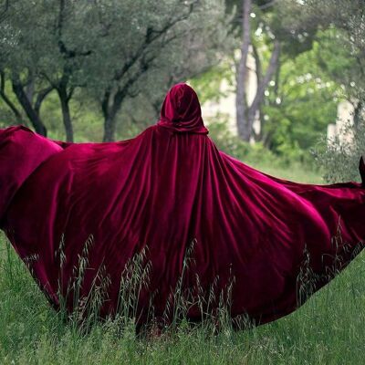 Burgundy Red Riding Hood stretch Velvet Cape Costume Cape Fairytale Fantasy Cloak in Red Medieval
