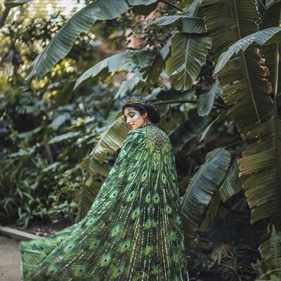 Bufanda de pavo real del cabo Ropa bohemia capa plumas estampado verde pareo pájaro Festival Ropa