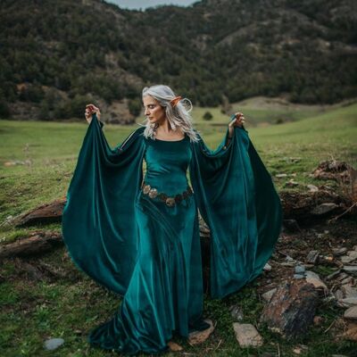 Vestido de terciopelo celta elfo verde traje de druida elfo medieval__