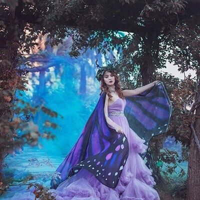 Disfraz largo de alas de hadas de mariposa rosa y púrpura para adultos, ropa de fiesta de fantasía nupcial para baile