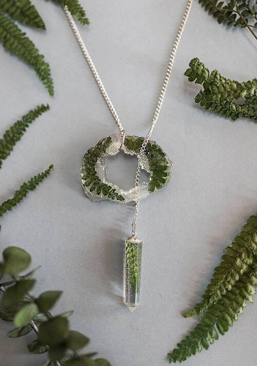 Fern necklace Geode slice resin pendant green pressed leaves