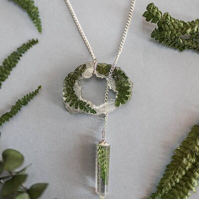 Fern necklace Geode slice resin pendant green pressed leaves