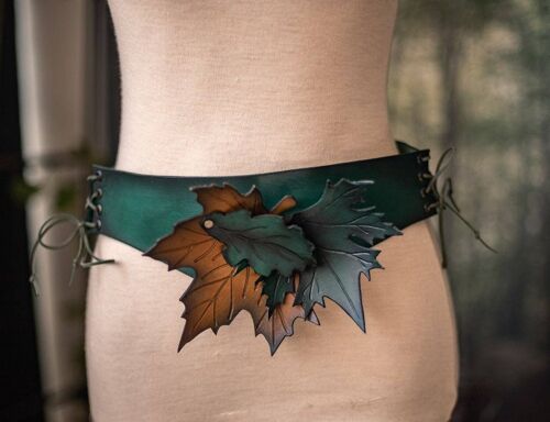 Cinturón ajustable de piel de duende con hojas en marrón larp druid__