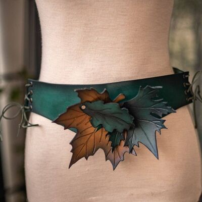 Cinturón ajustable de piel de duende con hojas en marrón larp druid__