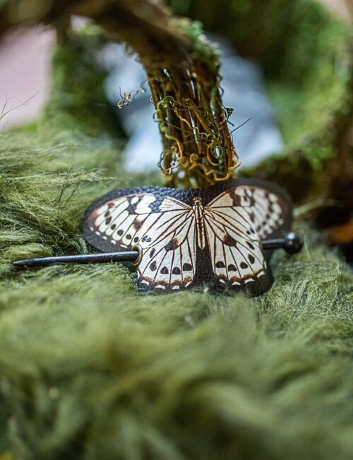 Nymph Butterfly white and black Hair Barrette in Vegan Leather Autumn whimsical accessory head piece woodland cottagecore